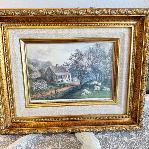 SOLD 1960's Currier & Ives "American Homestead Spring" Framed Lithograph - Picture 6 of 14